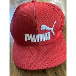 Puma Red Mesh Stretch Fit Baseball Hat Mens S/M White Embroidered Logo Cap